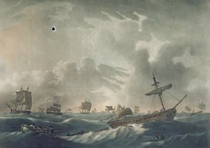 Ramillies Waterlogg&39;d，她的海军上将和船员退出沉船，由弗朗西斯·尤克斯（1745-1812）镌刻于1795年（aquatint）